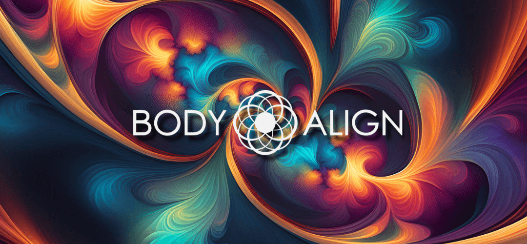 Body Align logo with vibrant swirl background, representing unity and balance.