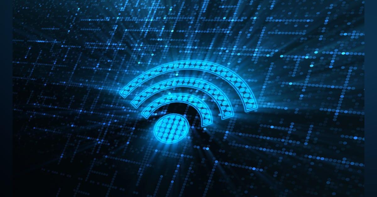Stylized blue Wi-Fi symbol representing 5G radiation exposure limits and wireless technology.