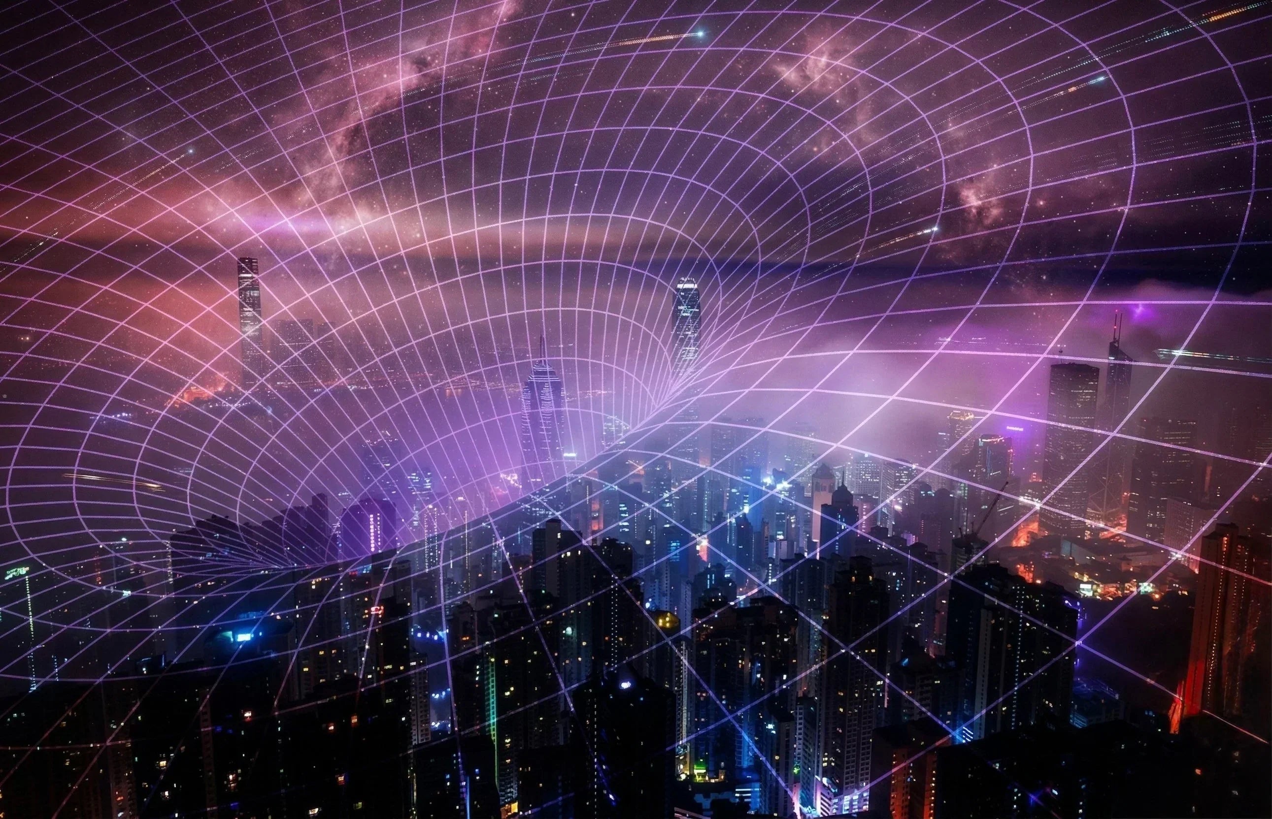 A futuristic city skyline with a digital grid overlay, symbolizing 5G Technology and COVID-19.