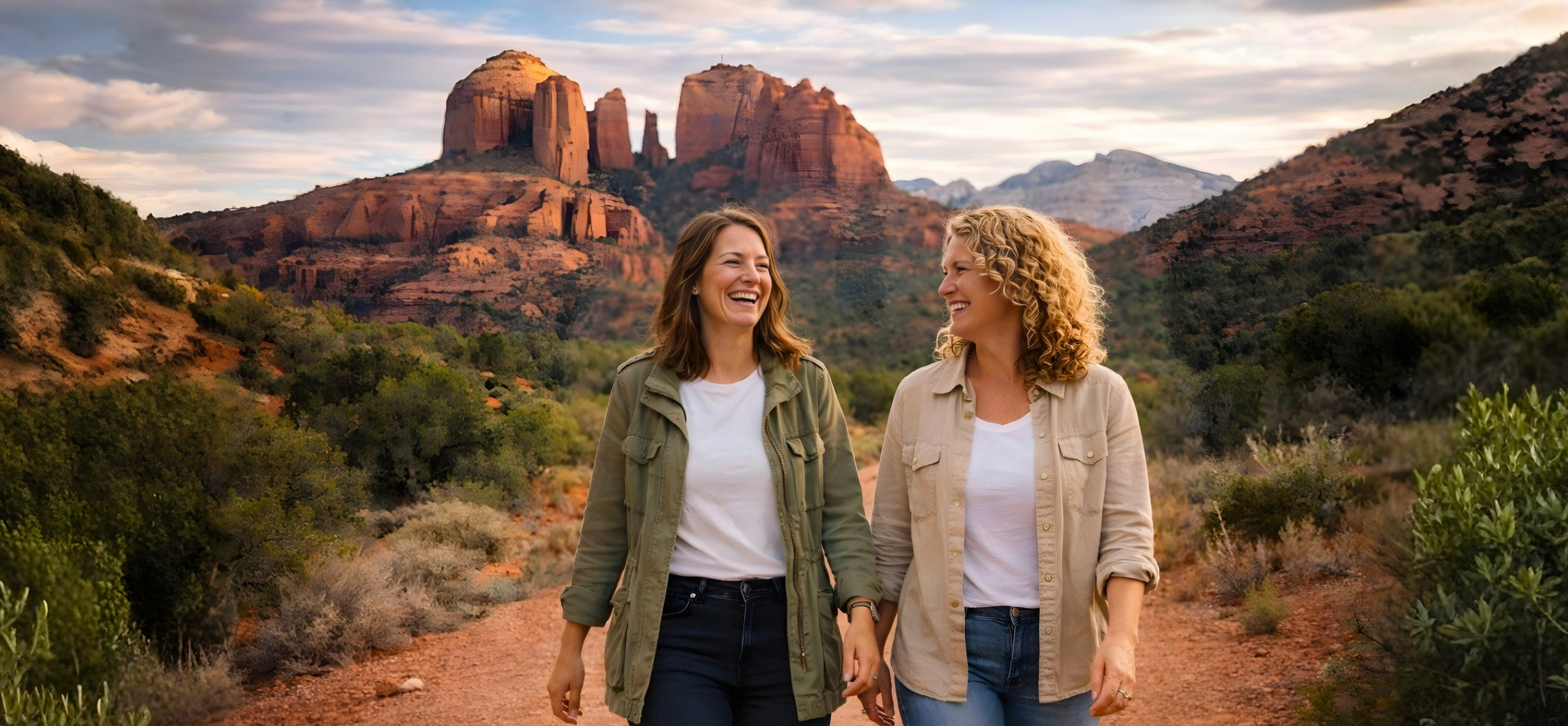 Two women laughing while walking in nature, enjoying natural pain relief experiences in a scenic landscape.
