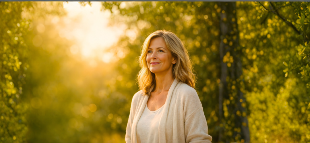 A serene woman smiling in a sunlit forest, embodying peace and comfort, reflecting the theme of Breaking the Stress-Pain Cycle.