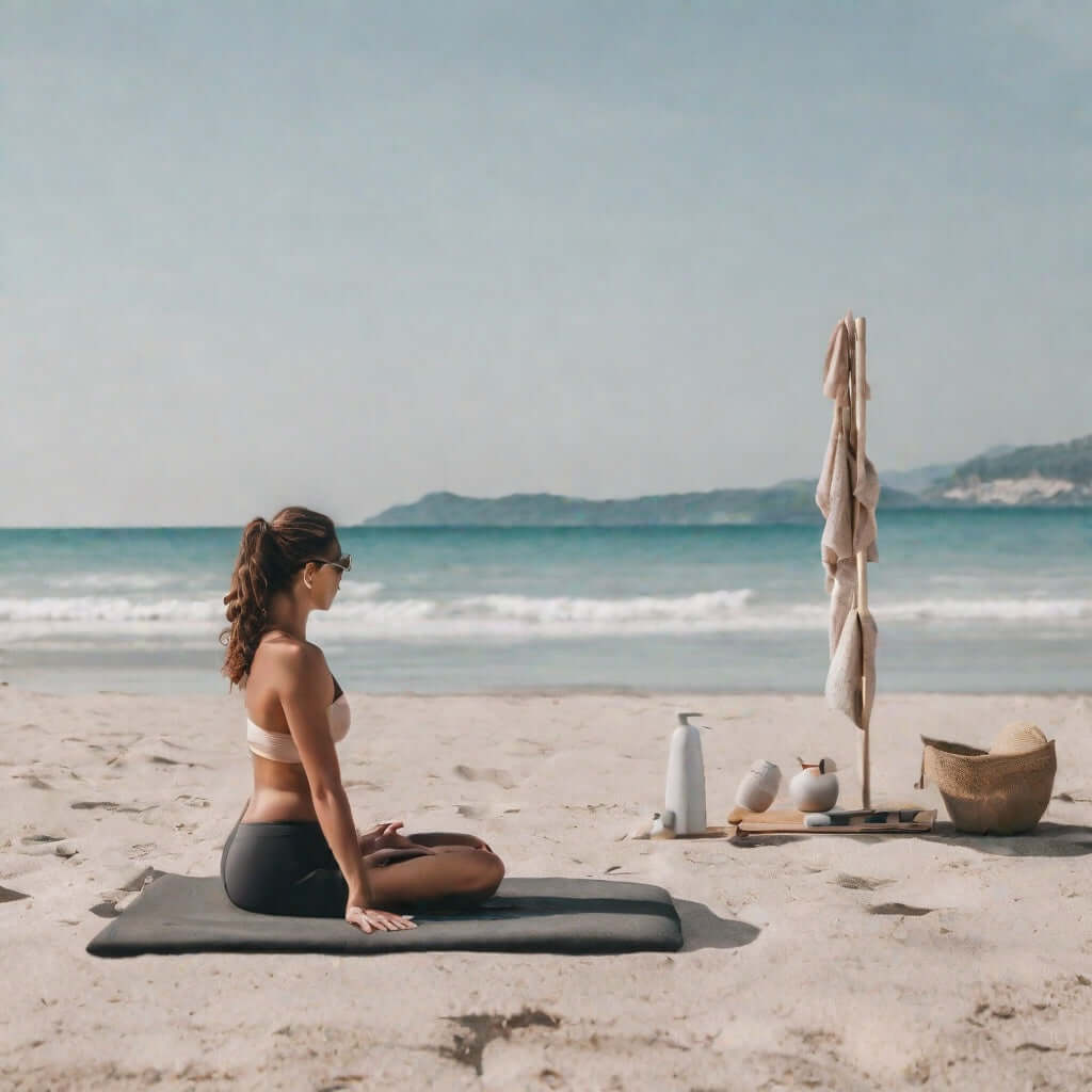 Woman practicing New Year self-care while meditating on a beach mat with ocean view.