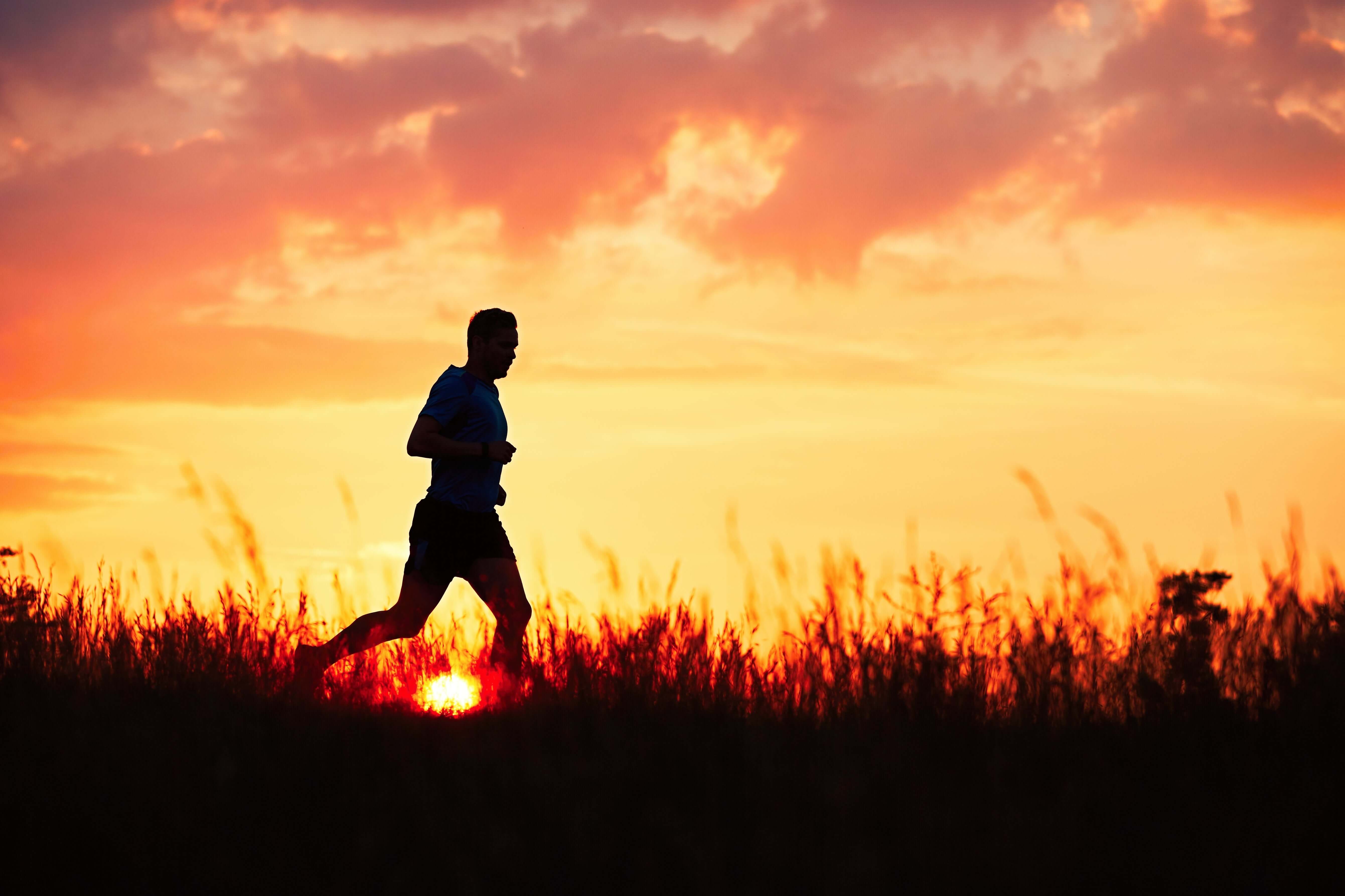Runner in silhouette against a sunset, highlighting the impact of EMF exposure and athletic performance.