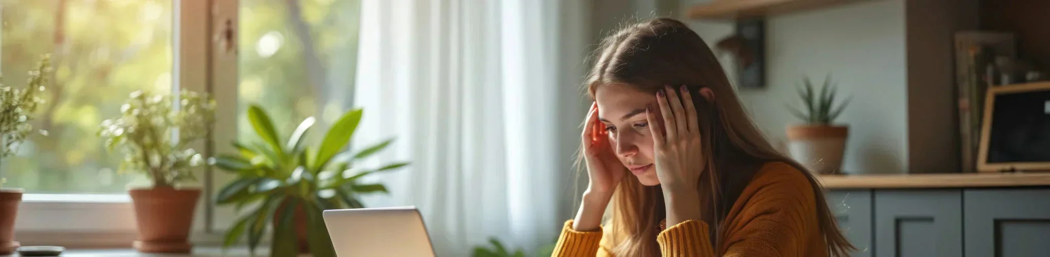 A woman managing stress while working on a laptop, highlighting the importance of avoiding burnout with balance.