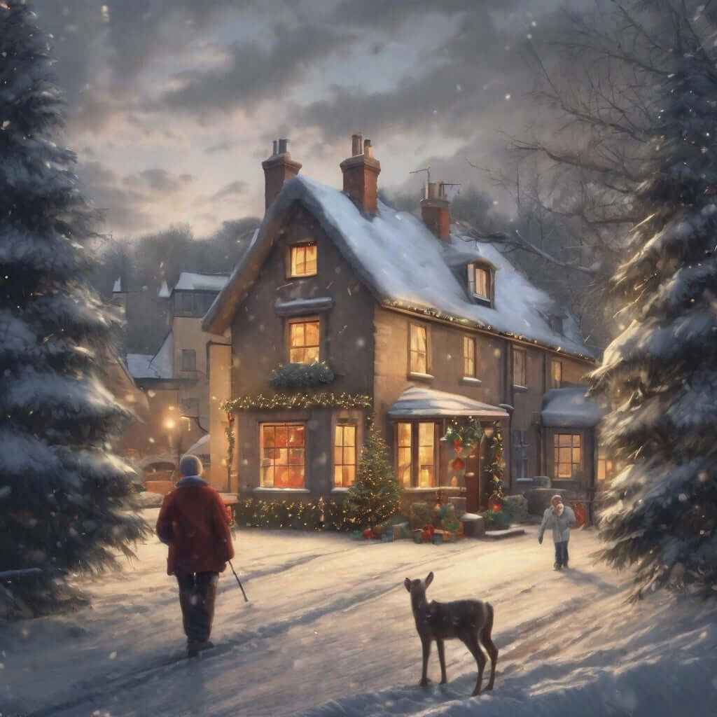 Snowy winter scene of a cozy house with festive decorations, capturing the essence of holiday charm and tranquility.