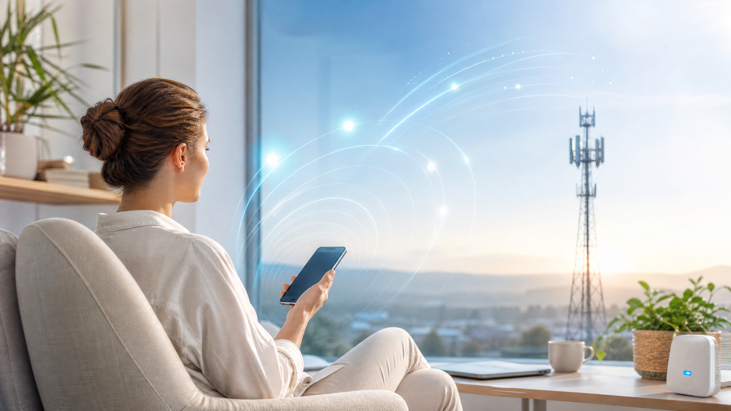 Person holding a smartphone in a bright modern home with 5G signal waves and a cell tower visible outside — representing EMF protection and wellness.