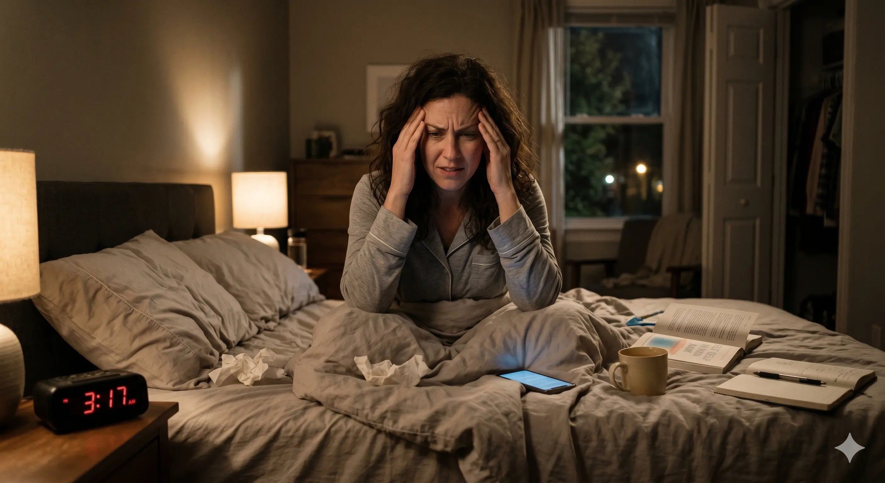 Woman struggling with insomnia in bed, reflecting the challenges of overcoming insomnia.