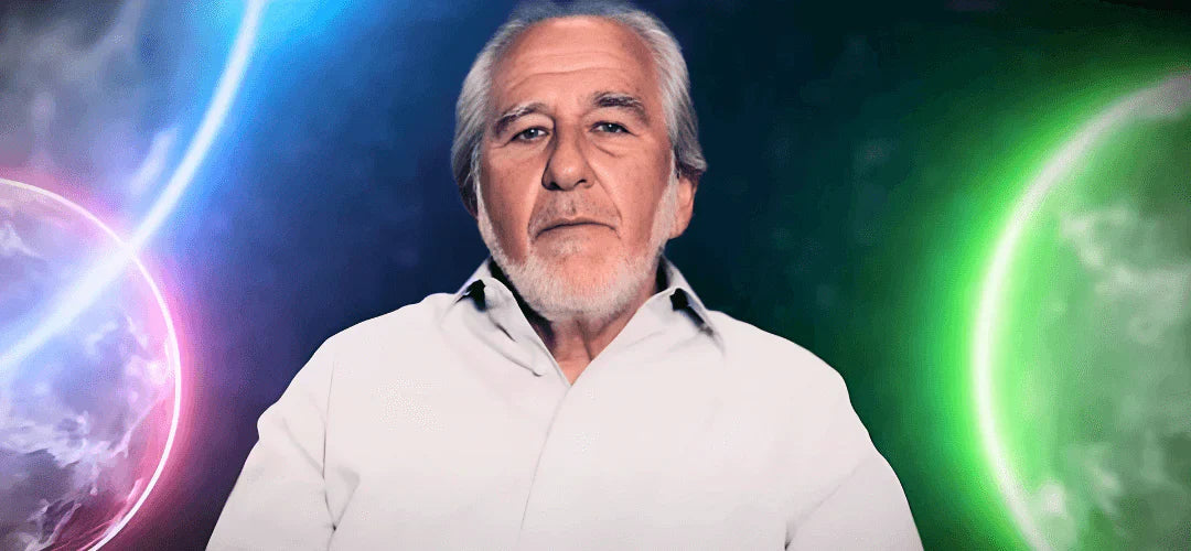 Dr. Bruce Lipton discussing the concepts of Energy and vibration with colorful cosmic visuals in the background.
