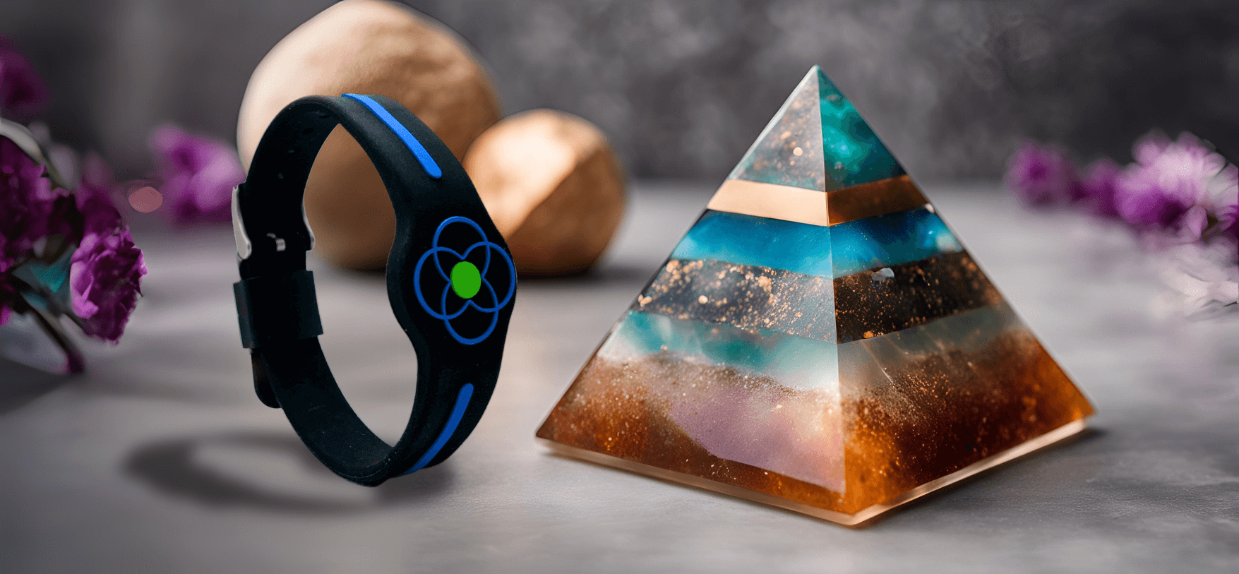 The Curious Case of Orgonite: From Cosmic Energy to Controversy with a pyramid and energy wristband.