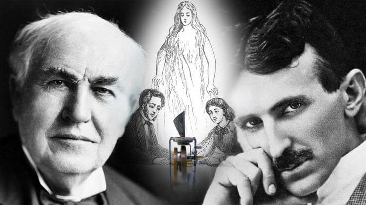 Edison and Tesla spirit phone concept with images of Edison, Tesla, and a spirit figure.