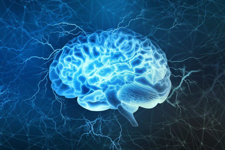 Blue glowing brain illustration representing research on Alzheimer's Disease and its connections to EMFs and calcium.