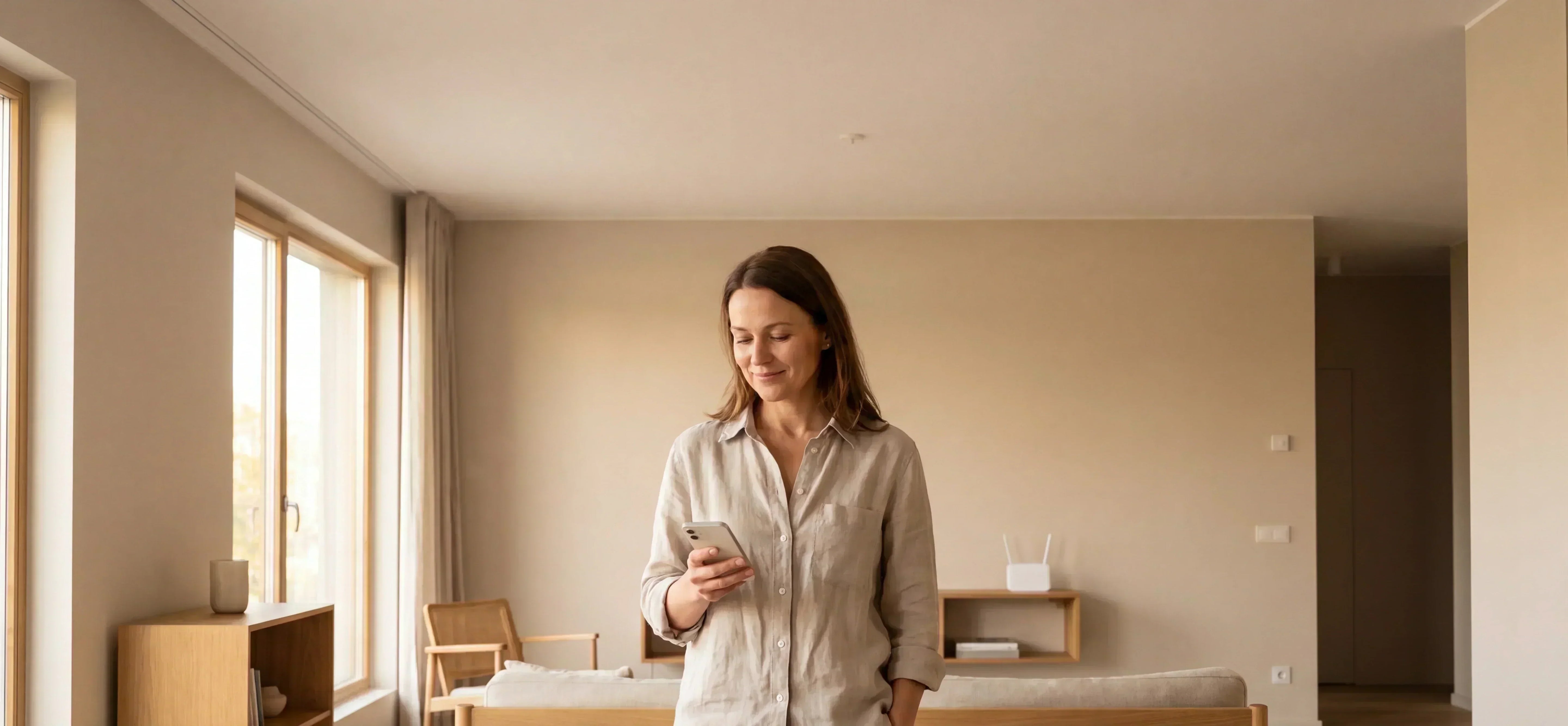 How to reduce EMF exposure at home: a woman in her mid-40s in a calm, bright modern living room checking her smartphone with a Wi-Fi router visible on a shelf behind her.