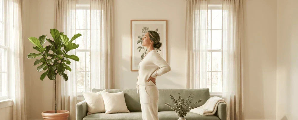Woman practicing stretches on a couch to relieve back pain naturally in a bright living room.