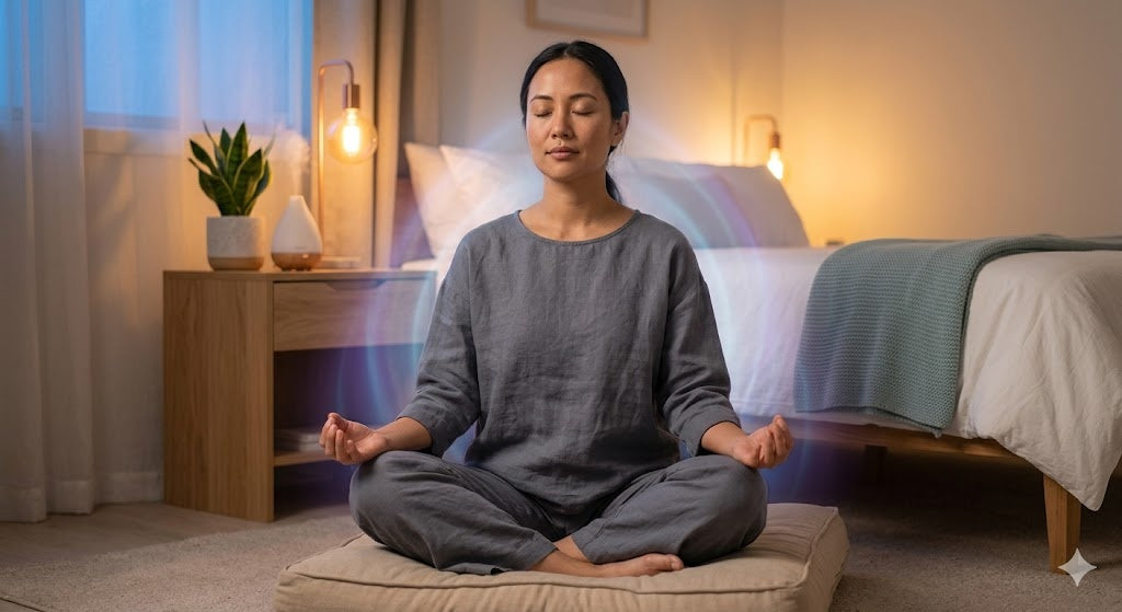 Woman meditating in a serene bedroom, focusing on Meditation for stress and sleep.