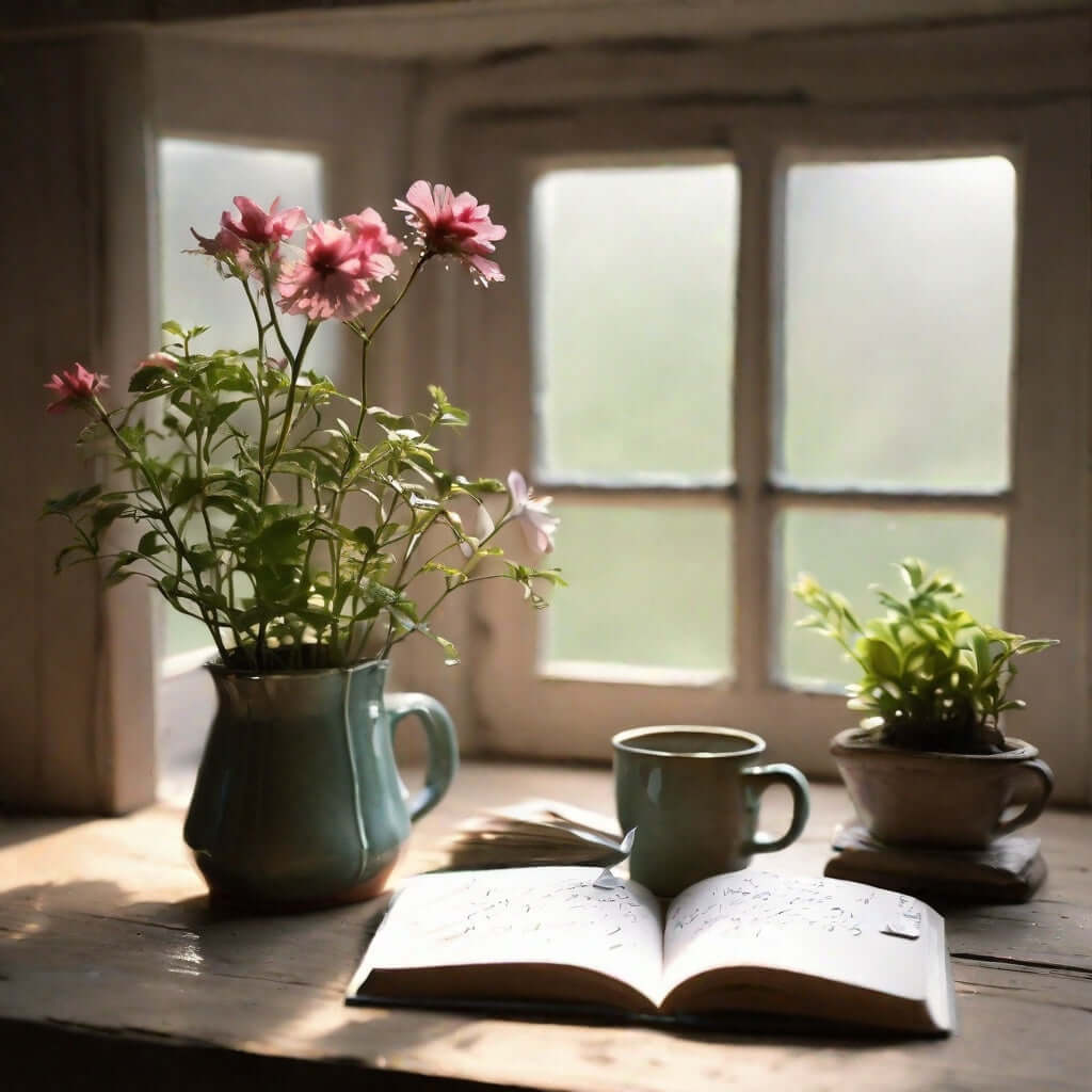 A peaceful scene with flowers in a vase, a small cup, and an open book by a window illustrating the benefits of gratitude practice.