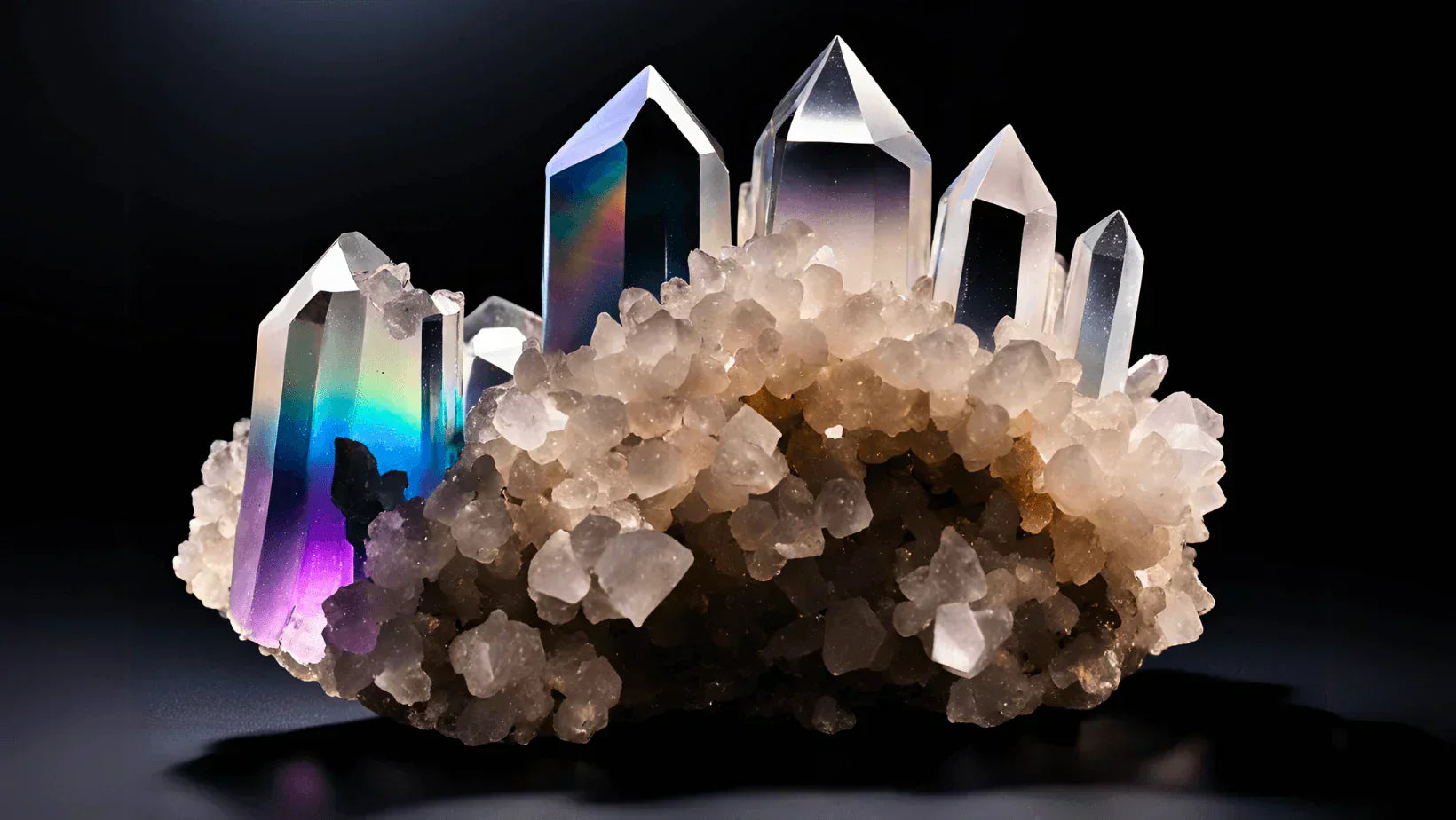 A cluster of clear natural quartz crystals, illustrating the unique molecular structure and quartz crystal benefits for technology and energy.