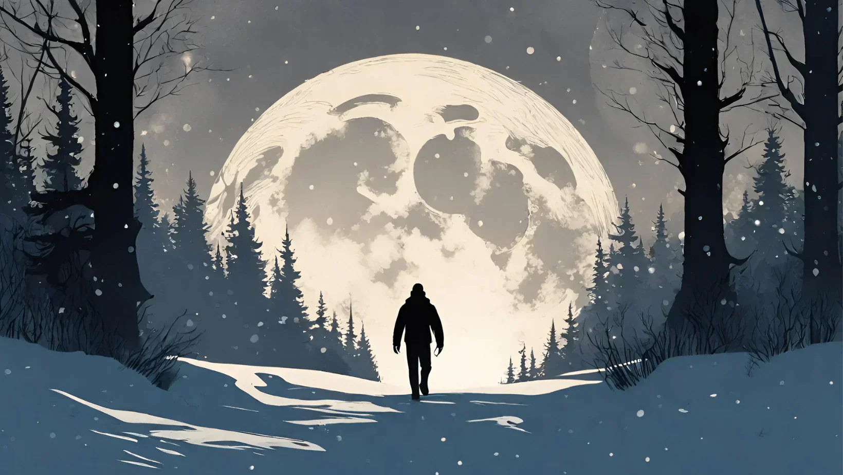 Person walking in snowy forest under full moon, symbolizing Seasonal Affective Disorder relief.