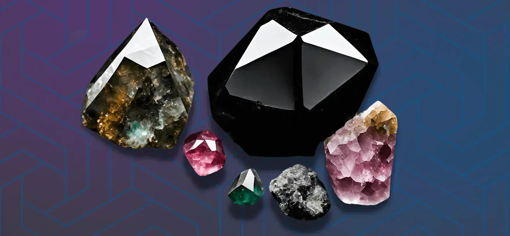 Beautiful collection of EMF protection crystals including shungite, tourmaline, and orgonite on a blue background.