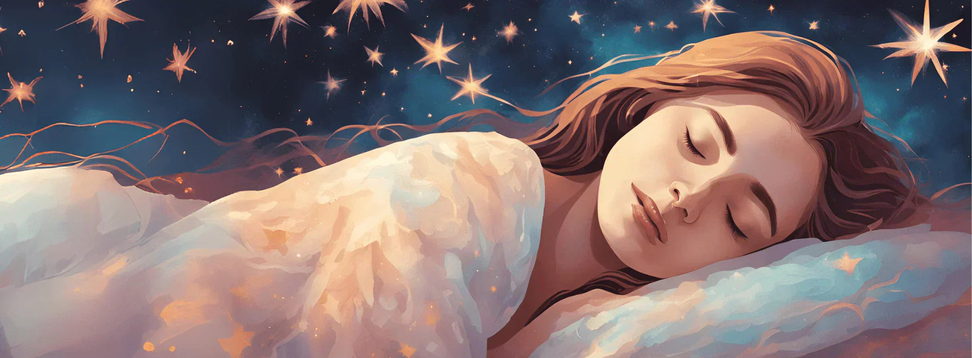 A woman sleeping peacefully with dream bubbles, illustrating the mystery of what is REM sleep and the brain's nightly dance of dreams.