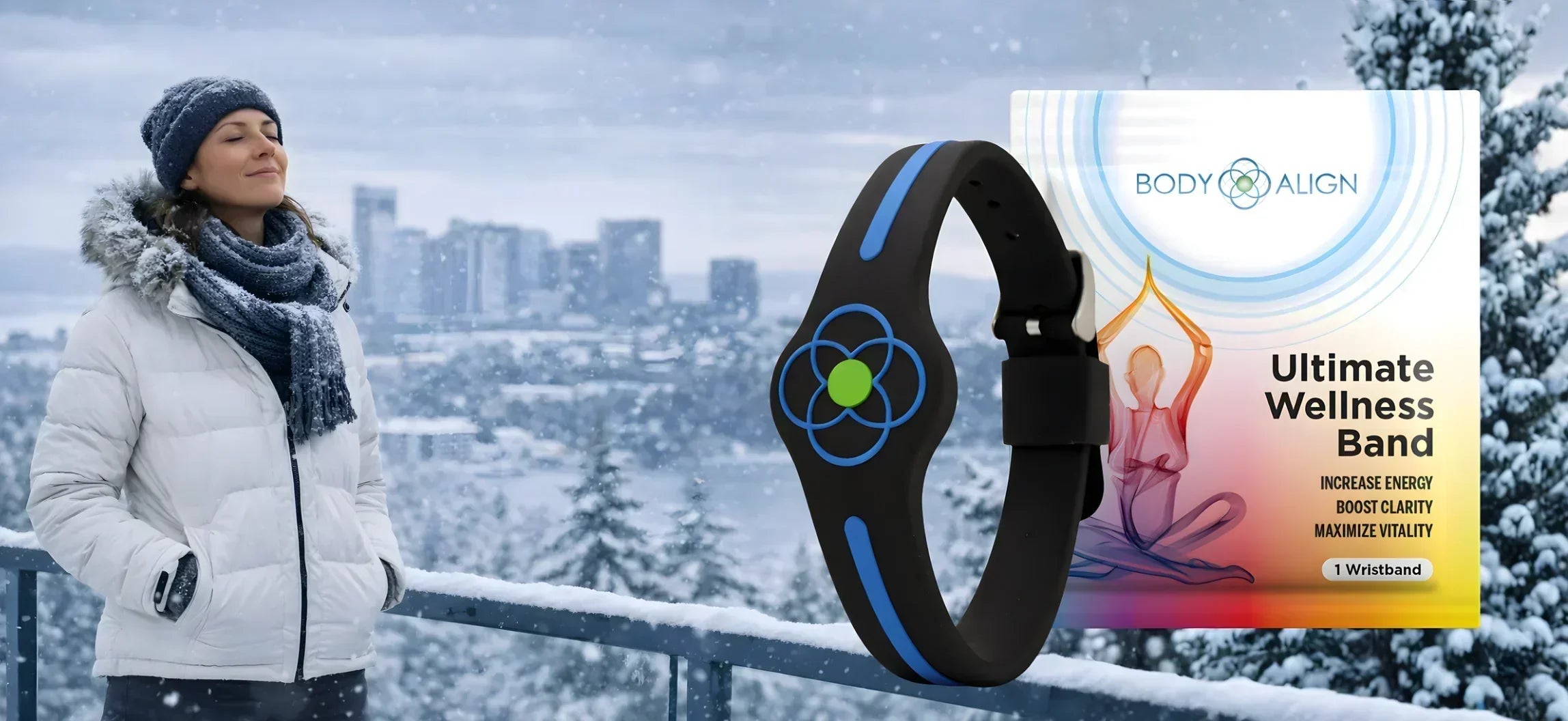 Woman wearing a coat with a Body Align Ultimate Wellness Band amidst a winter landscape, focusing on winter blues remedy.