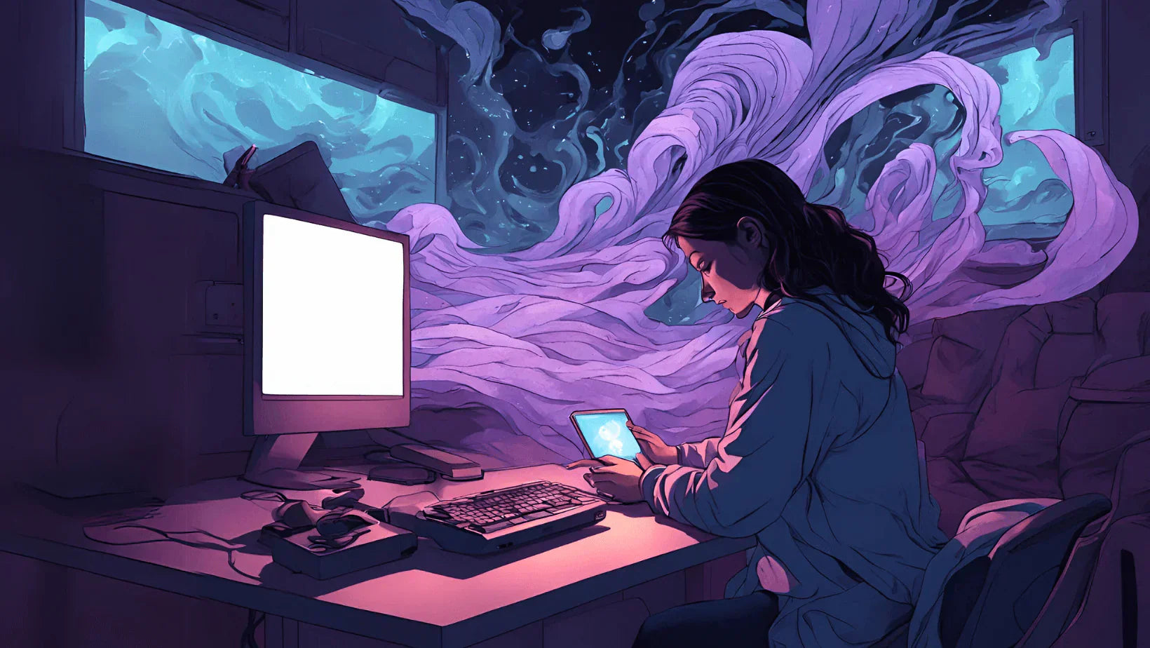 A woman using a tablet in a living room, illustrating the constant exposure and the potential link between EMF and mental health issues like anxiety.