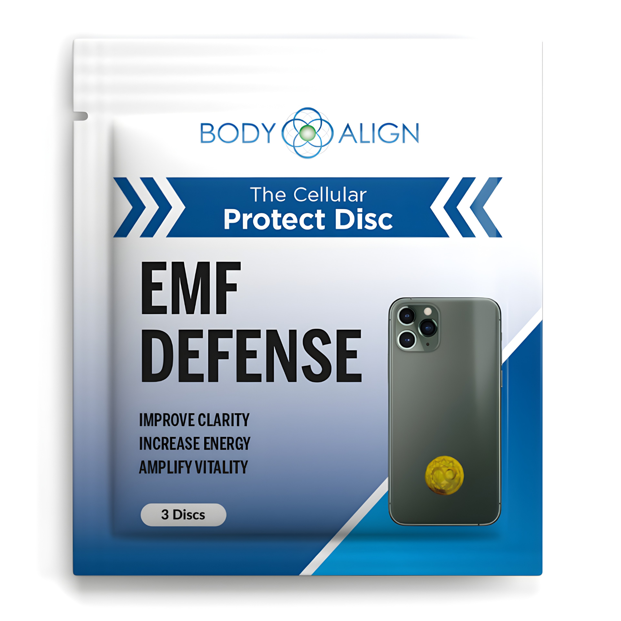 Body Align EMF Defense protect disc packaging with a phone on a white background