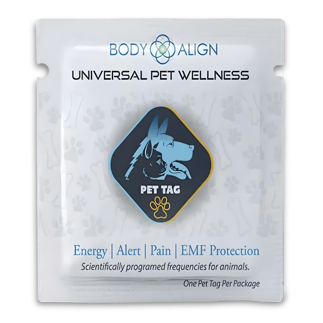 Pet EMF Protection Tag in packaging, promoting energy and wellness for pets with scientifically programmed frequencies.