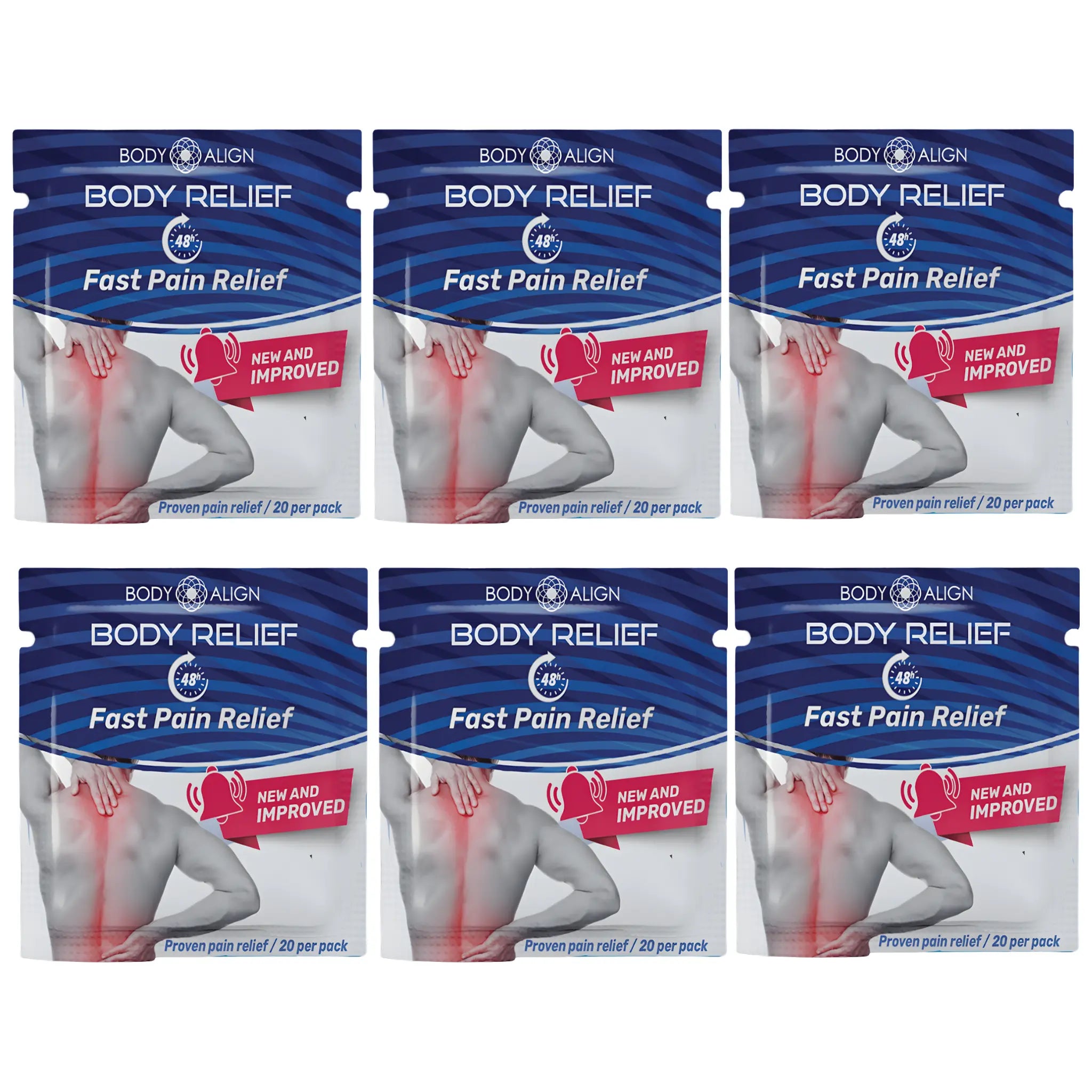 Body Relief - Pain Patches fast pain relief products, six packs displayed, new and improved design.