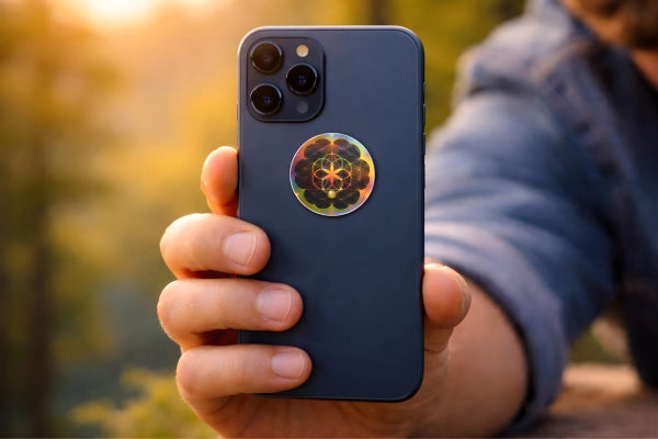 Person holding a dark blue phone with a Body Align EMF Protection Disc on the back, outdoors.