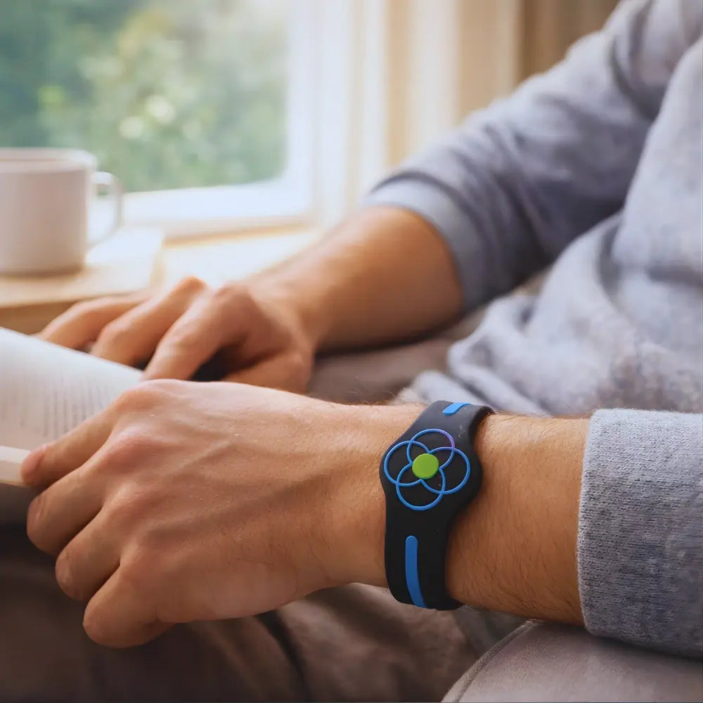 Person wearing a Body Align Ultimate Band, sitting by a window with a cup of coffee.