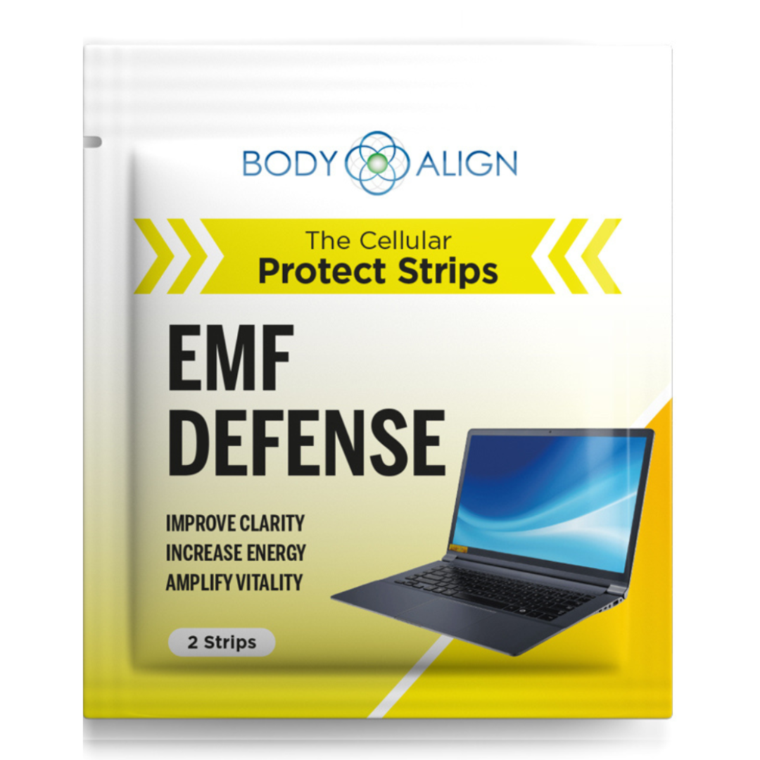 EMF Protection Strips packaging with laptop, promoting energy balance and vitality against EMF exposure.