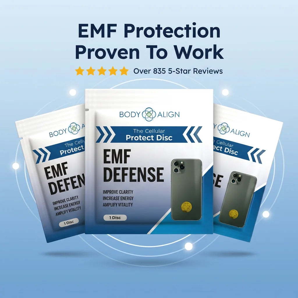 Three Body Align EMF Defense protect disc pouches are displayed against a light blue gradient background with promotional text reading 'EMF Protection Proven To Work' and star reviews.
