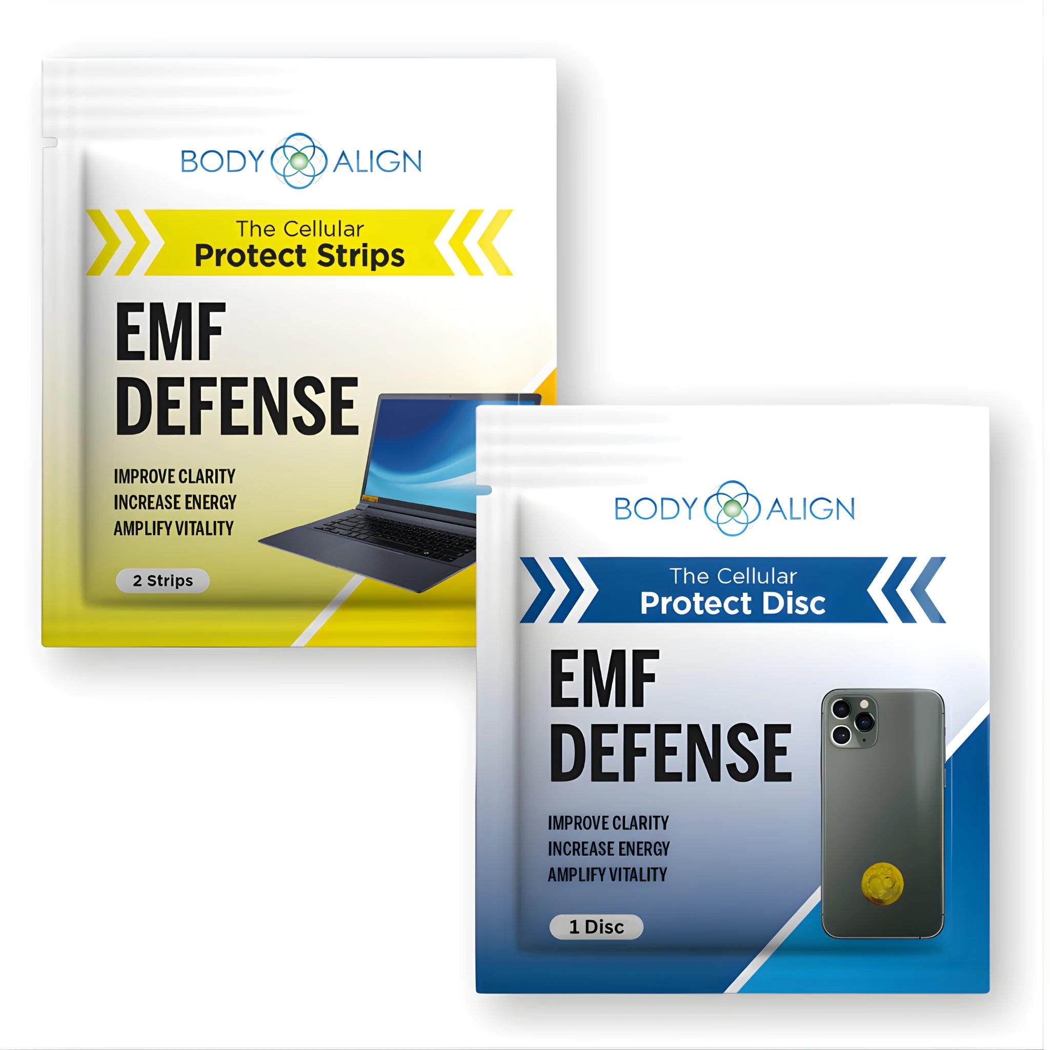 EMF protection device duo featuring Cellular Protect Disc and Cellular Protect Strips for cell phone and electronic device EMF defense.