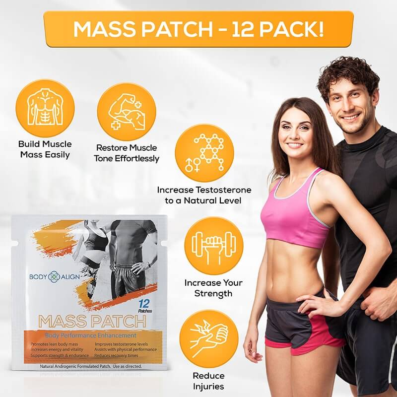 Mass Patch body performance enhancement 12-pack featuring workout recovery support, strength training support, and active lifestyle wellness.