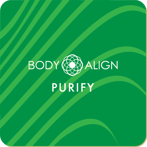A square green Purify Patch with rounded corners, featuring the text 'BODY ALIGN PURIFY' in white, with a circular geometric logo in the center. The background has diagonal and curved green stripes.