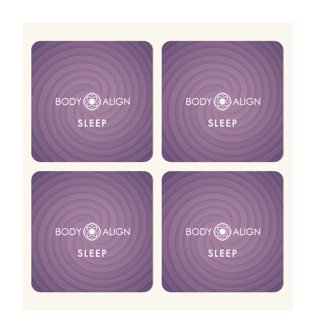 Four square Sleep Patches arranged in a 2x2 grid on a light cream background. Each pad has concentric circular ripple patterns and white text reading 'BODY ALIGN SLEEP' with a small circular logo.
