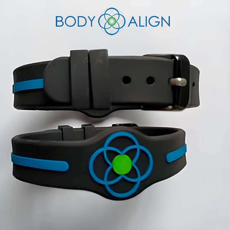Black and blue Ultimate Wellness Band energy balance band with adjustable buckle and Body Align logo.