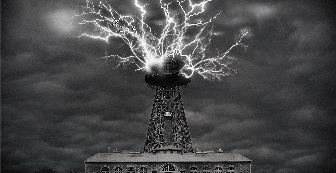 Unleashing the Symphony of the Universe: Nikola Tesla and the Power of Frequencies with striking lightning from Tesla's tower.