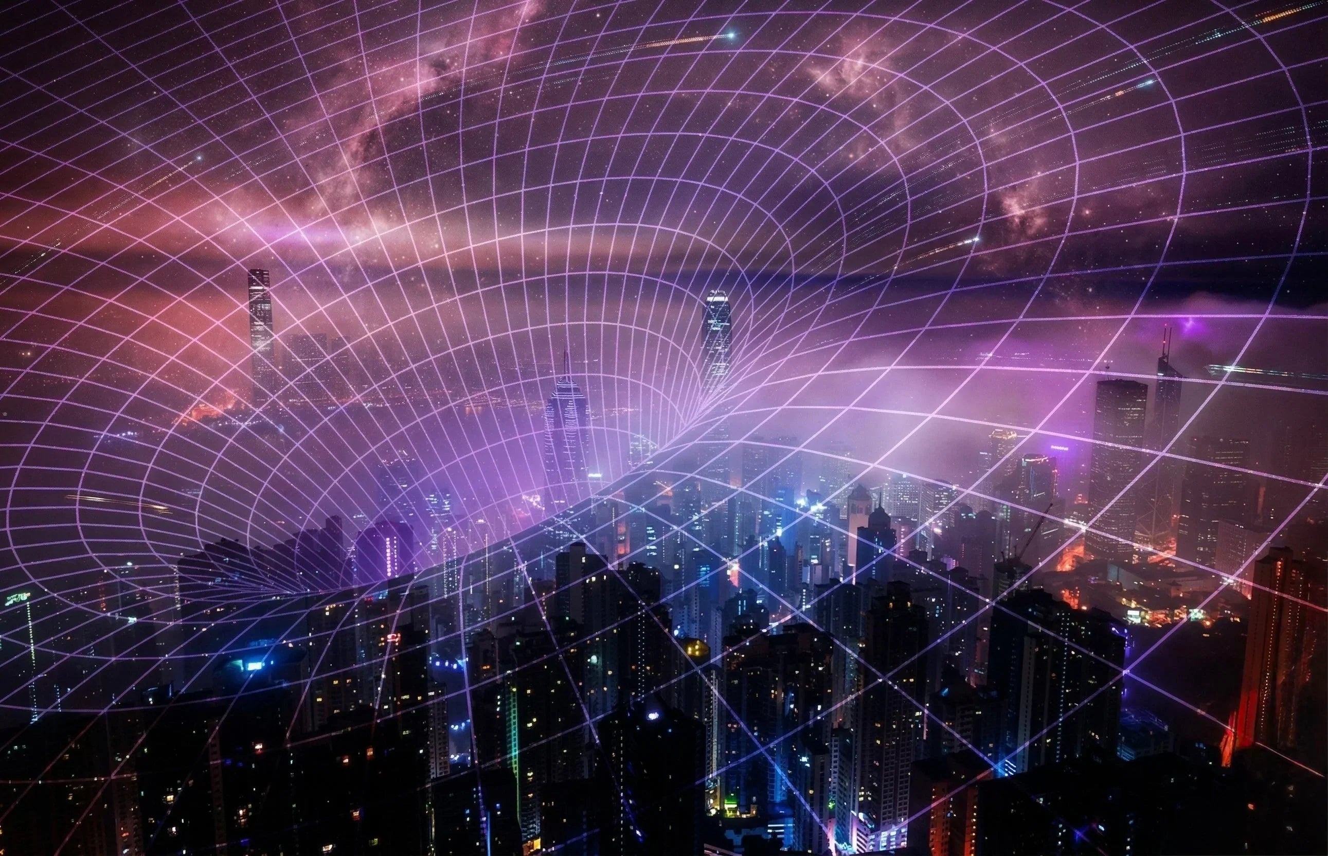 A futuristic city skyline with a digital grid overlay, symbolizing 5G Technology and COVID-19.