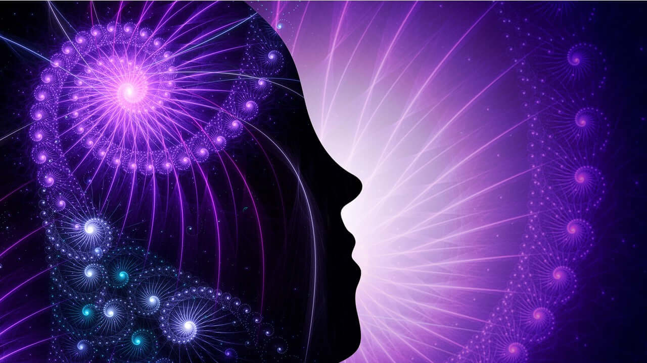 Abstract illustration representing the Cemi Field Theory of consciousness with vibrant purple patterns.
