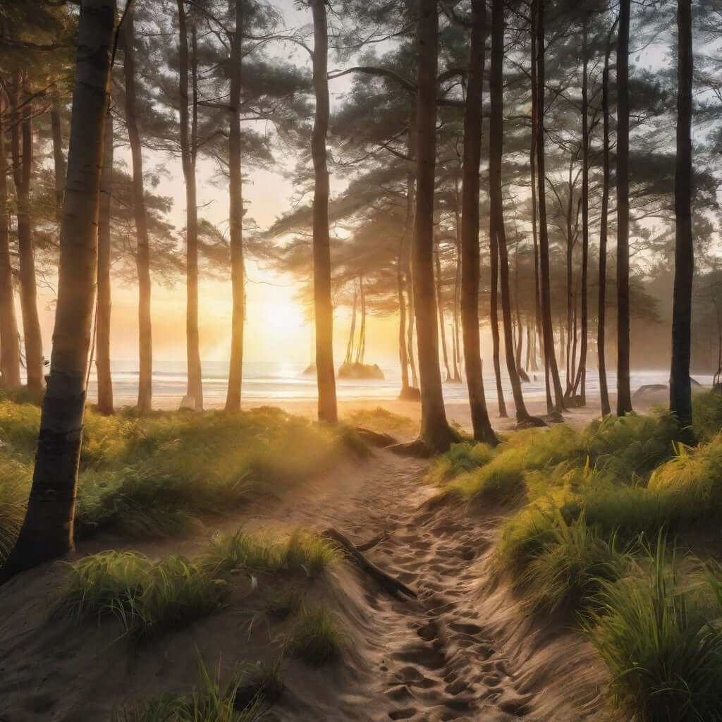 Serene forest path leading to a glowing sunrise over the ocean, surrounded by tall trees and lush grass.
