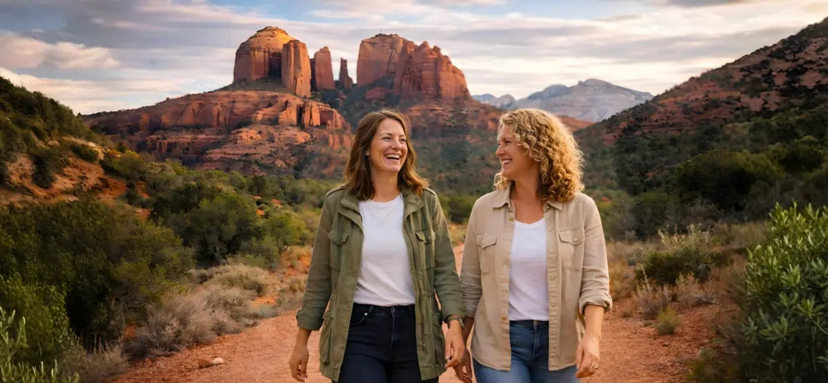 Two women walking hand in hand on a scenic trail, experiencing the mobility of natural pain relief patches while surrounded by stunning red rock formations in nature