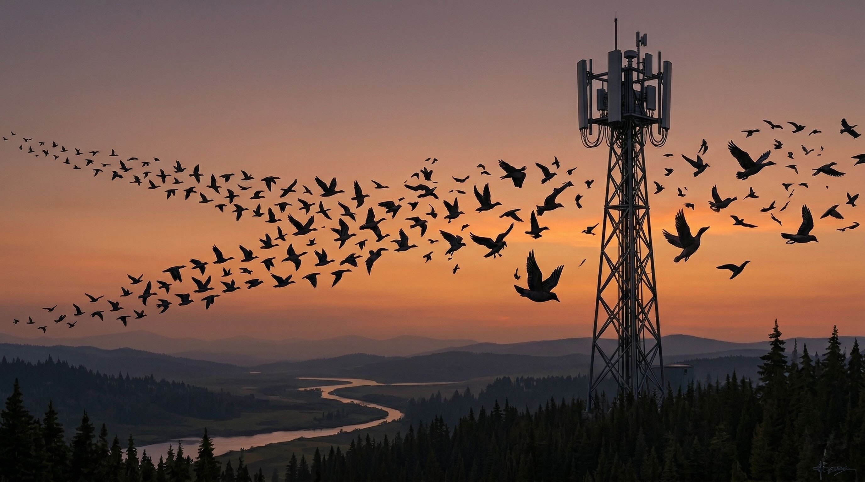 Electromagnetic pollution on birds affecting their flight patterns near a cell tower at sunset.