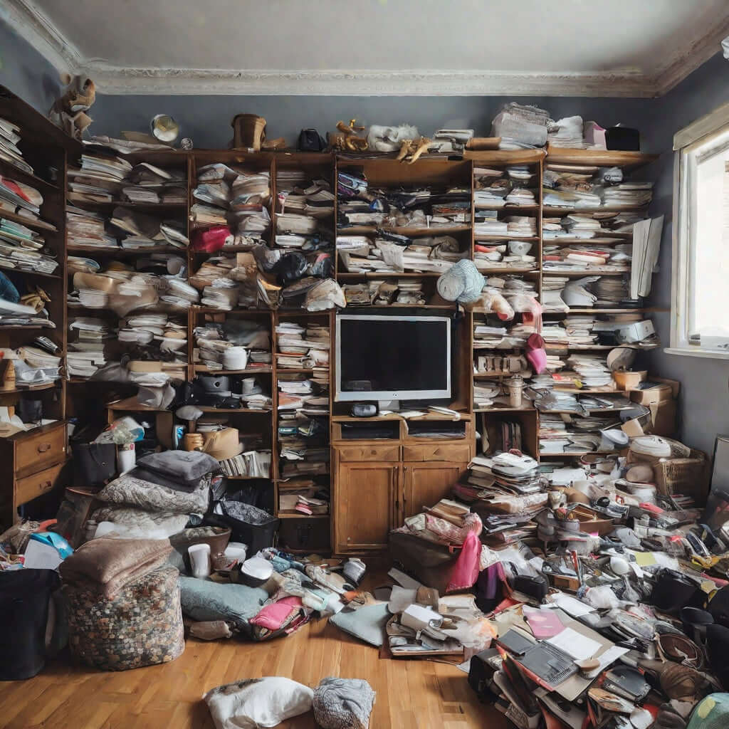 Decluttering for mental clarity: A cluttered room filled with papers and items, illustrating the need for organization.