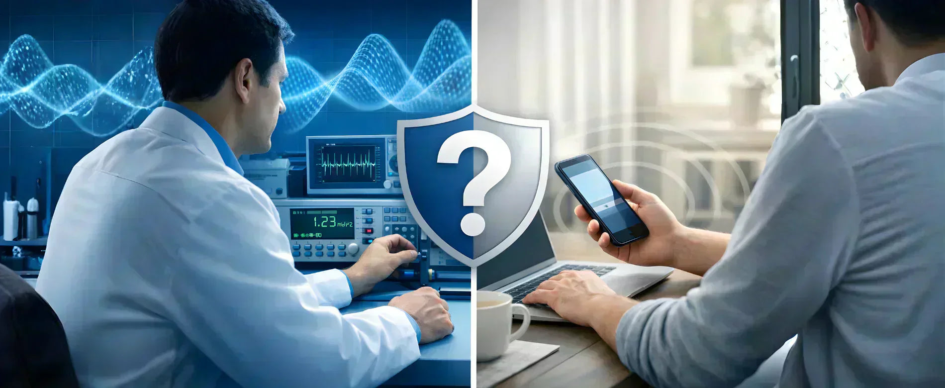 Researching EMF protection with scientists analyzing data next to a person using a smartphone.