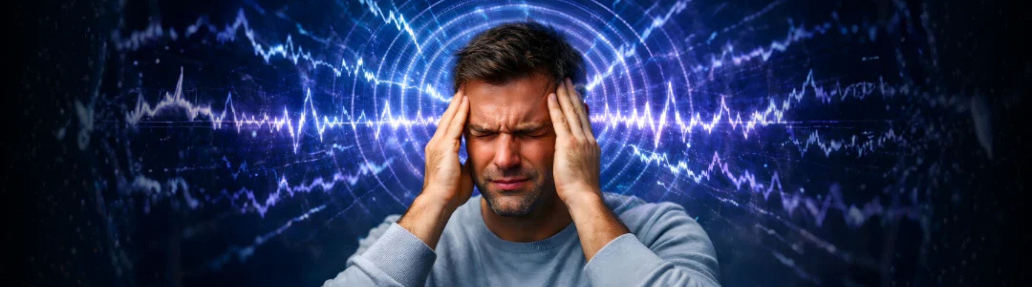 Man experiencing frequency for pain relief while holding his head in discomfort.