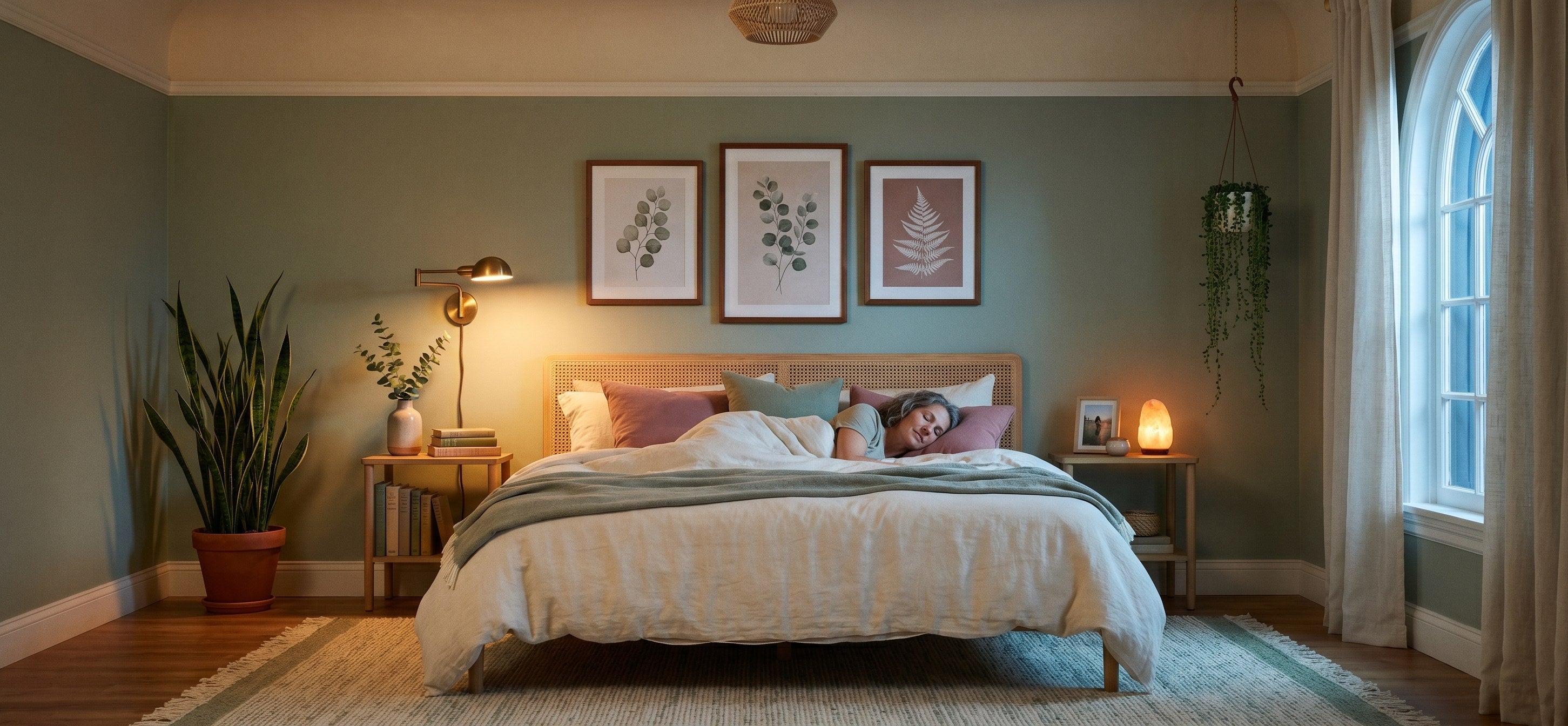 Natural Sleep Aid Patch in a cozy bedroom with a person peacefully sleeping under soft bedding.
