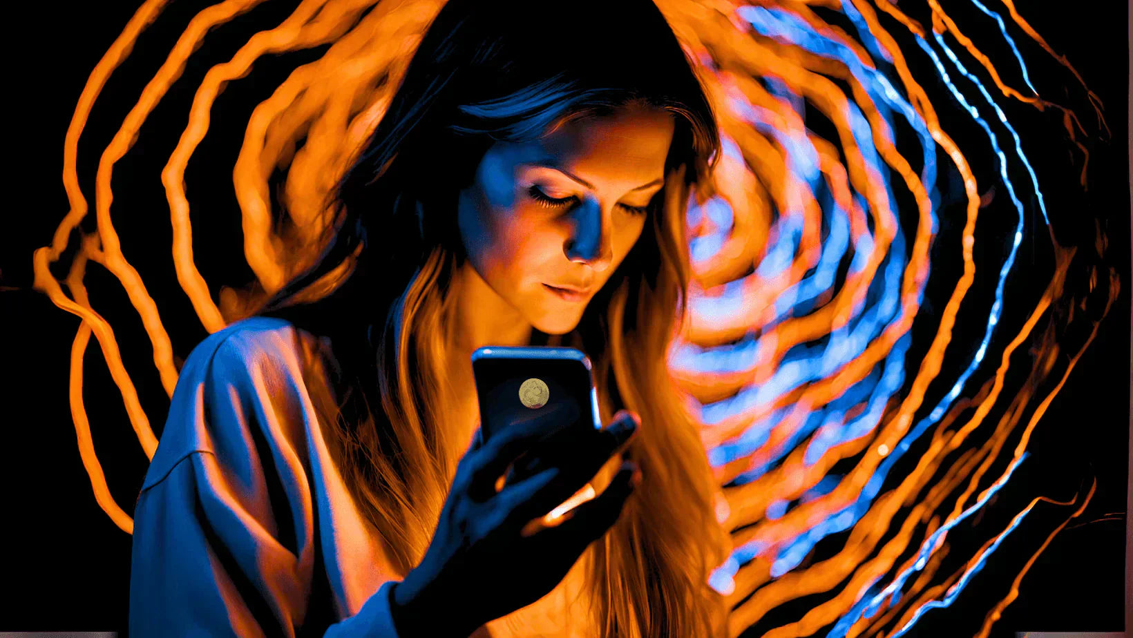 Woman looking at her smartphone with swirling lights in the background, highlighting EMF Protection concerns.