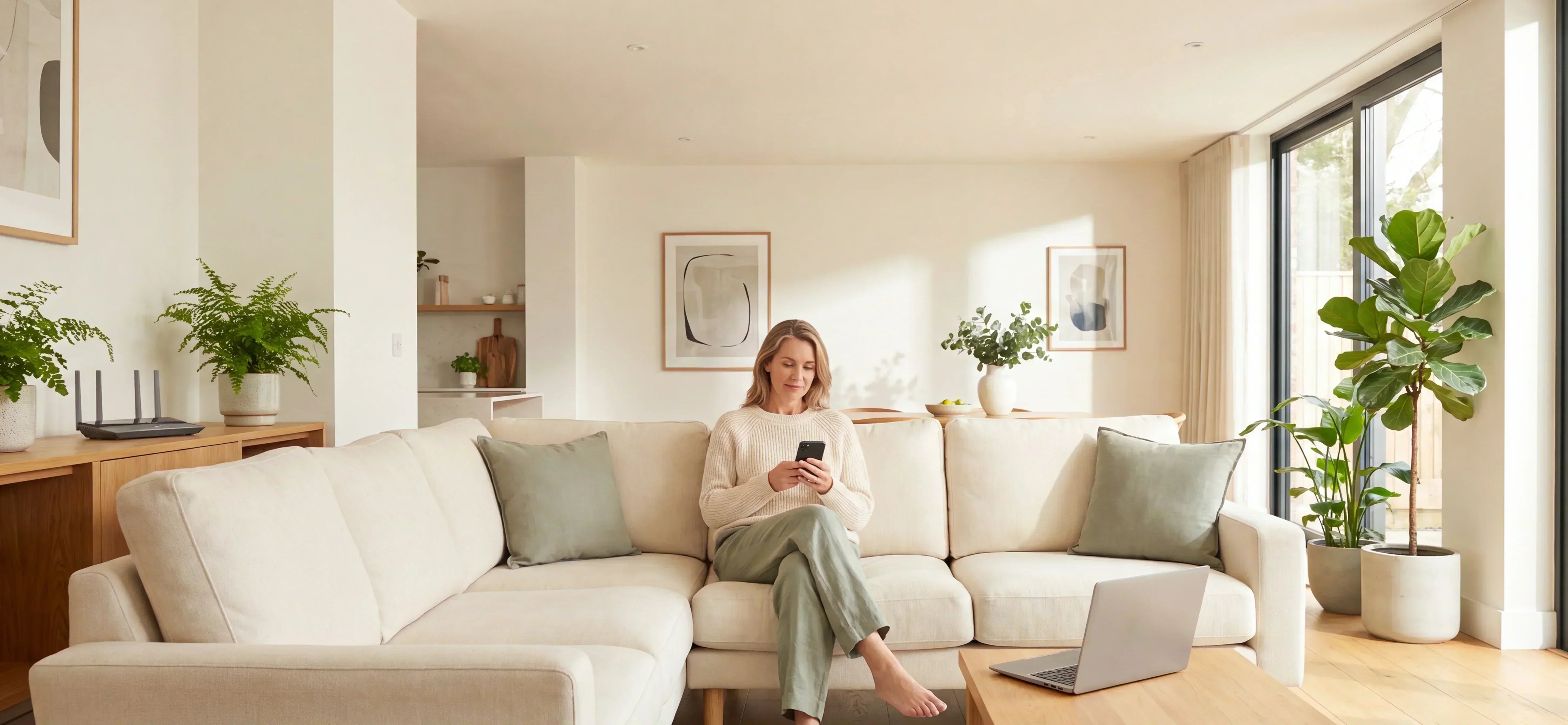 What is EMF protection: a woman relaxing in a calm modern living room with her phone, a laptop, and a Wi-Fi router nearby.