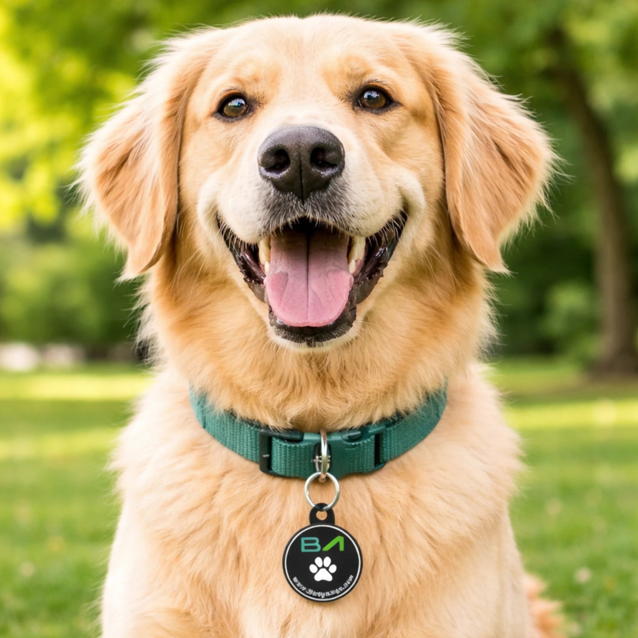 Happy golden retriever wearing a green collar with a Body Align Pet Tag in a park setting